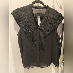 NWT White House Black Market Black Shirred Mesh Cap Sleeve Button Down Blouse